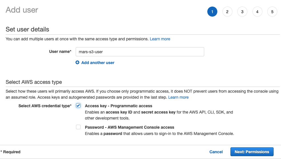 Setting user name and access type for IAM user - Zoomed