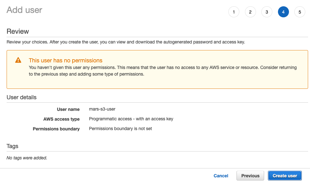 Creating the IAM user with no permissions warning - Zoomed