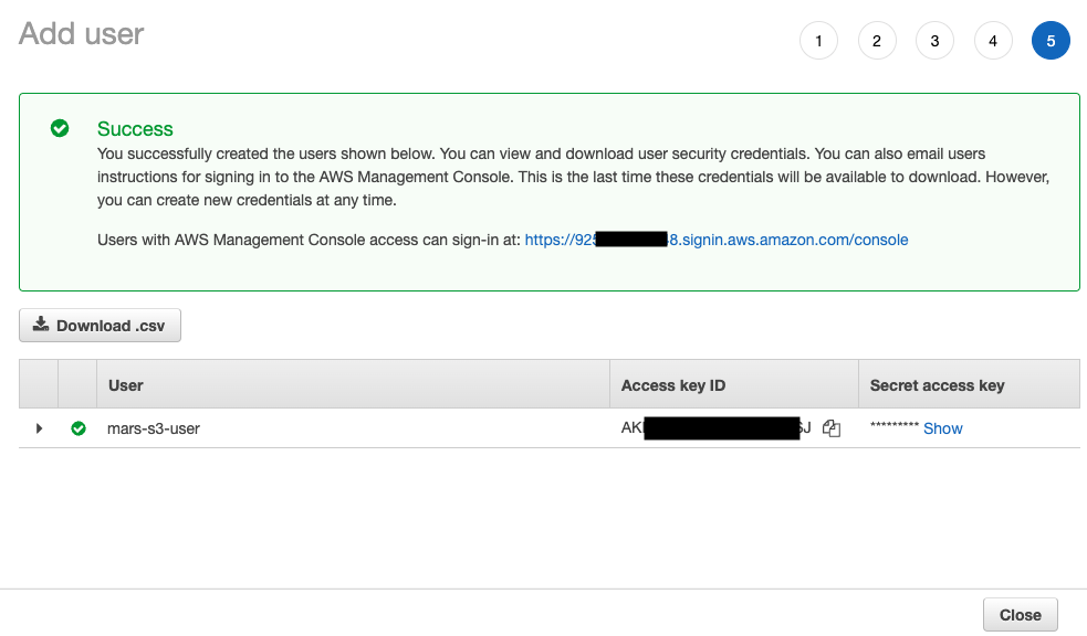 Viewing and copying the IAM user access keys - Zoomed