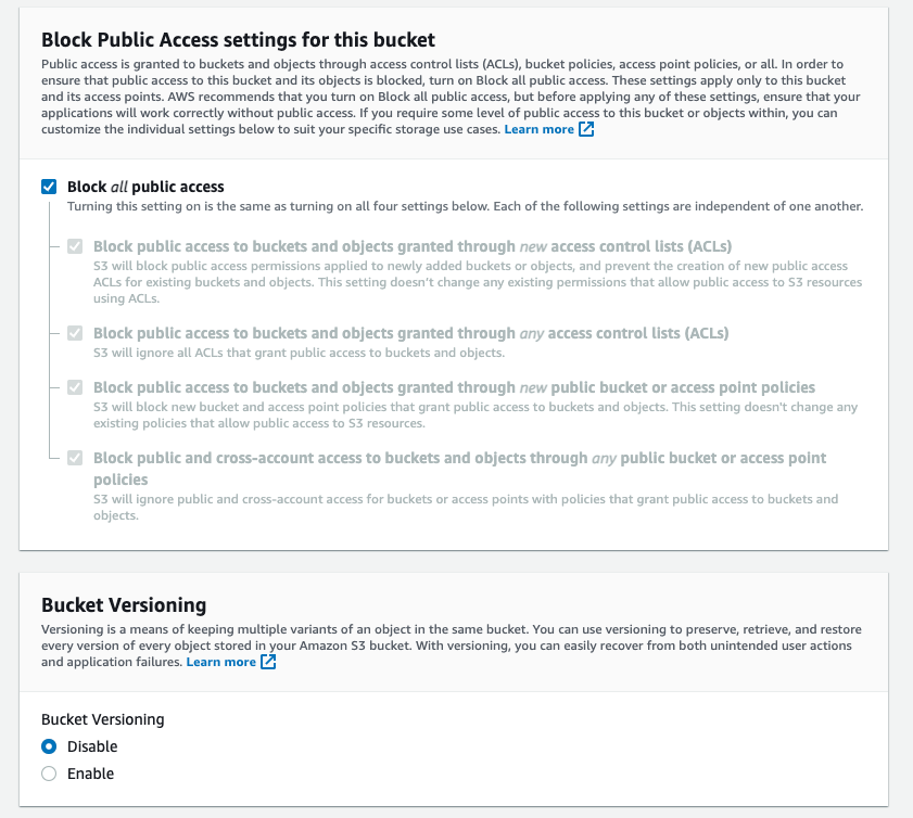 Configuring the S3 bucket settings with public access blocked - Zoomed