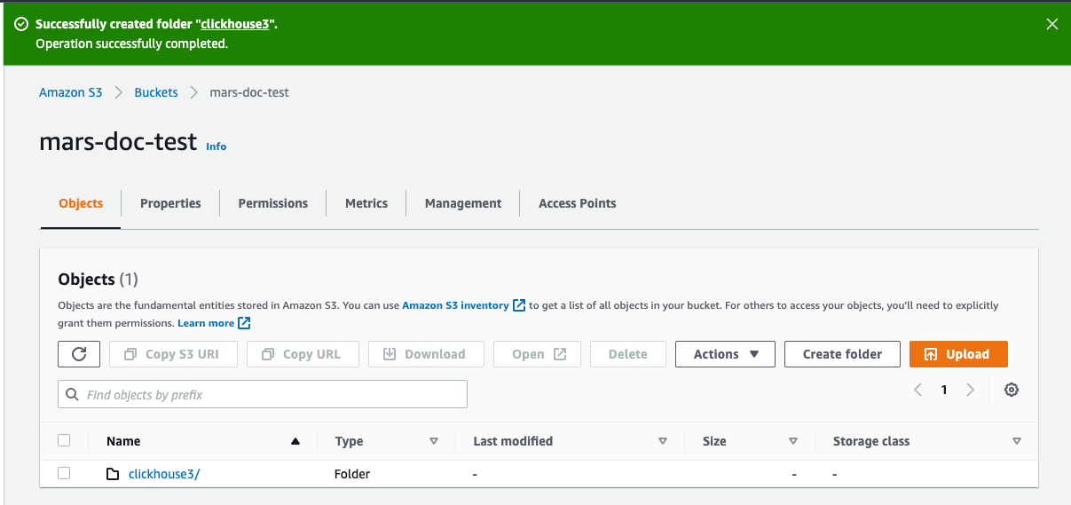 Viewing the newly created folder in the S3 bucket - Zoomed