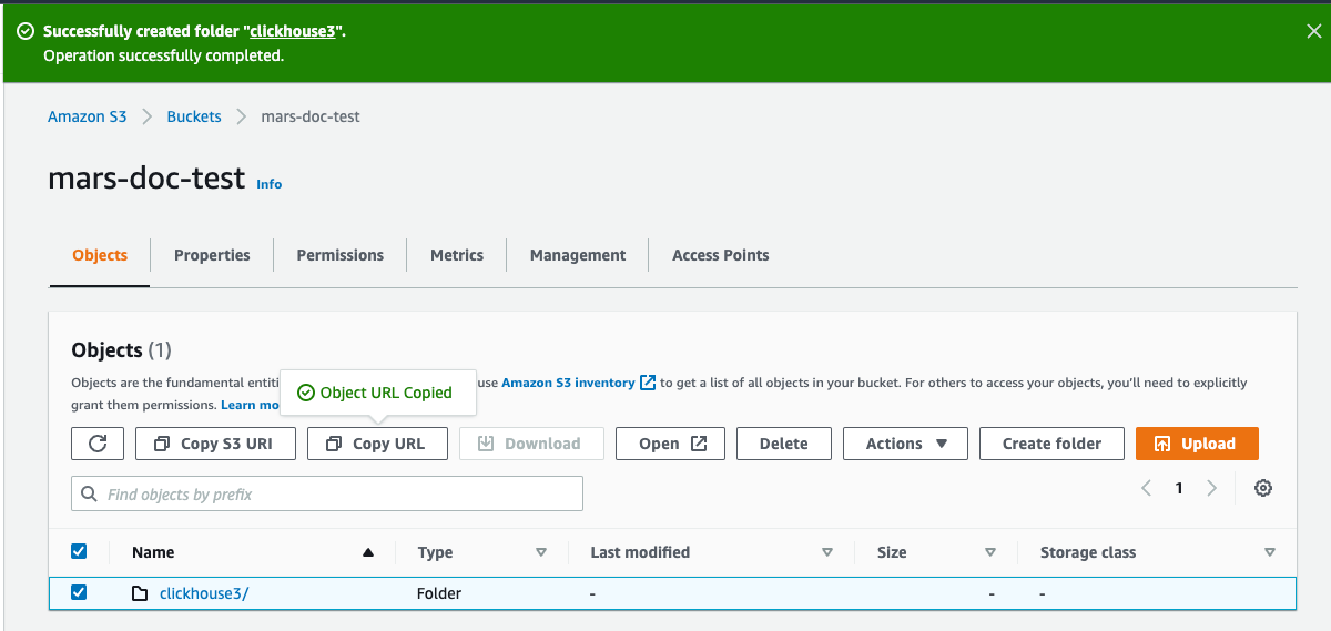 Copying the S3 folder URL for ClickHouse configuration - Zoomed
