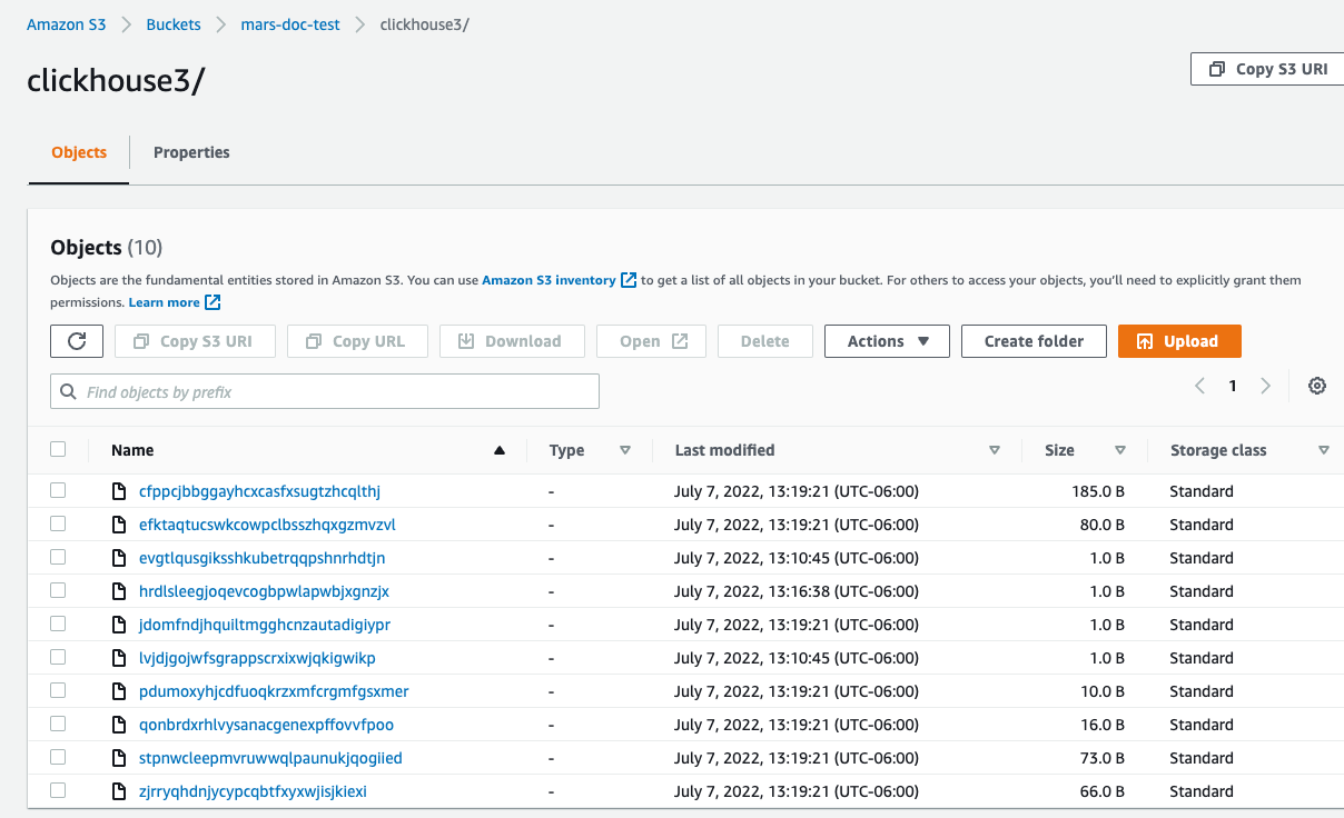 S3 bucket view in AWS console showing ClickHouse data files stored in S3 - Zoomed